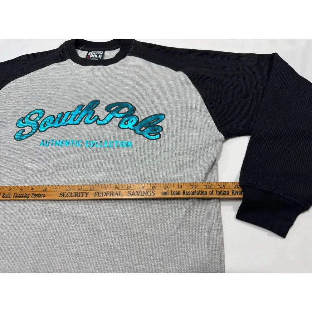 South Pole Mens Large Grey & Black Cotton Blend Long Sleeve shirt waffle